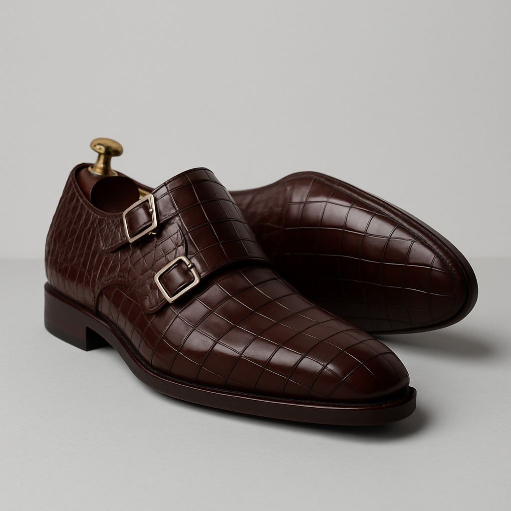 Handmade Men Brown Crocodile Texture Pattern Leather Monk Strap Shoes For Men