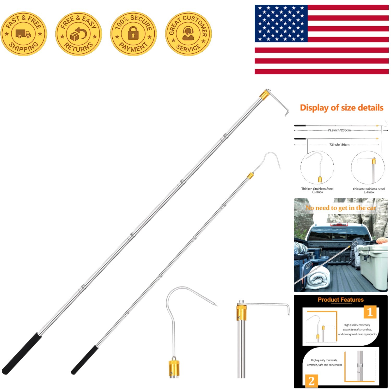 Ergonomic 75-Inch Cargo Access Tool - Rust-Resistant & Lightweight Design