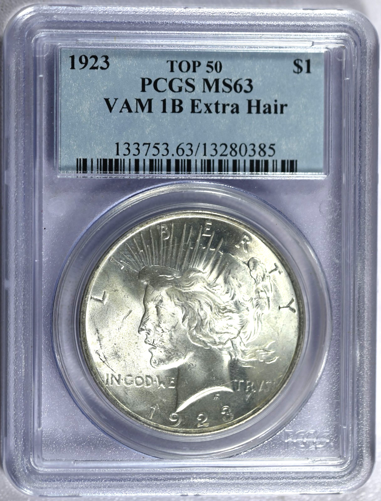 1923 PCGS MS63 Top 50 VAM-1B Extra Hair Peace Silver Dollar