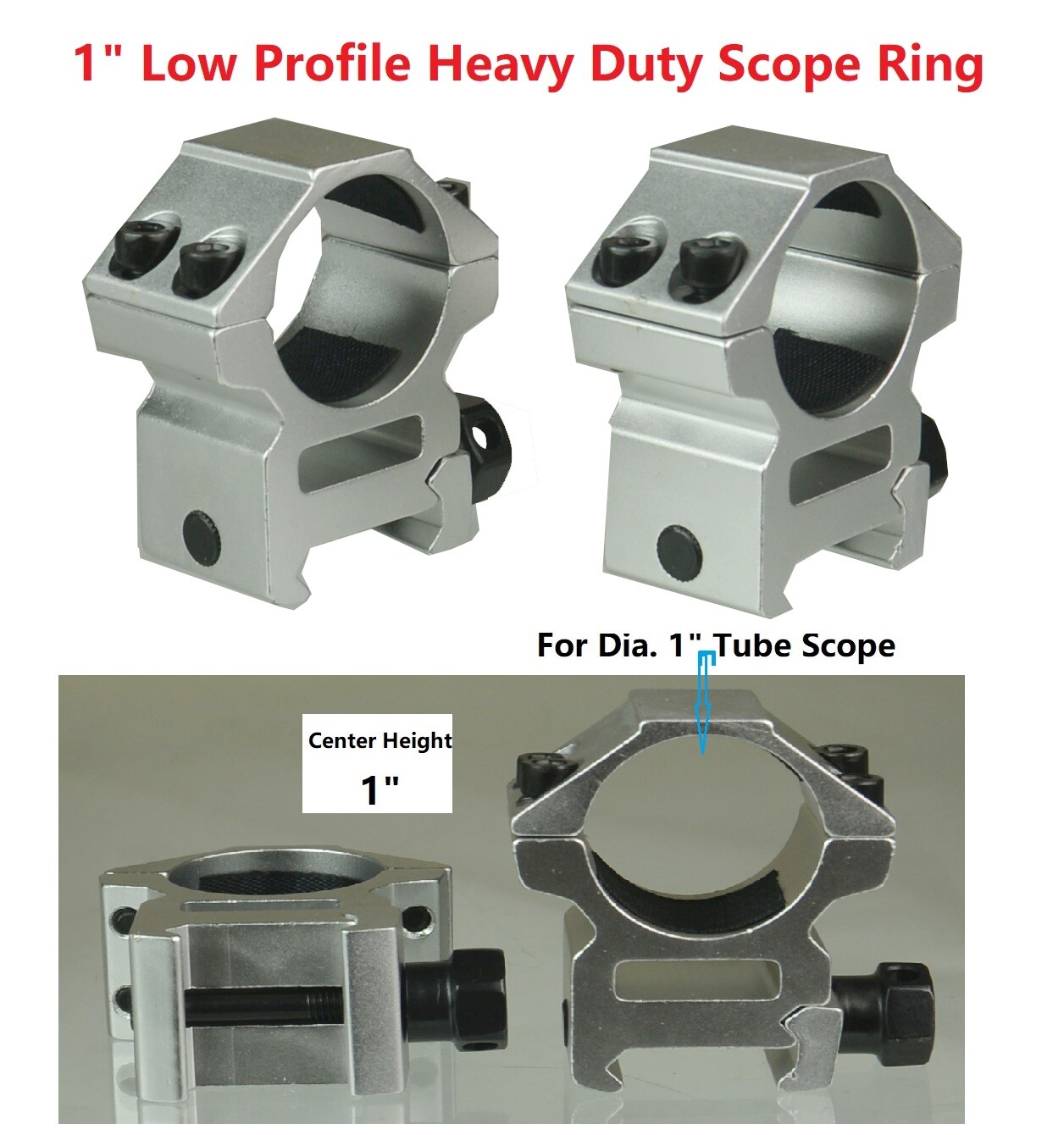 1 Pair 1" Height 1" Low Profile Scope Ring Picainny/Weaver,Anodized Silver Color