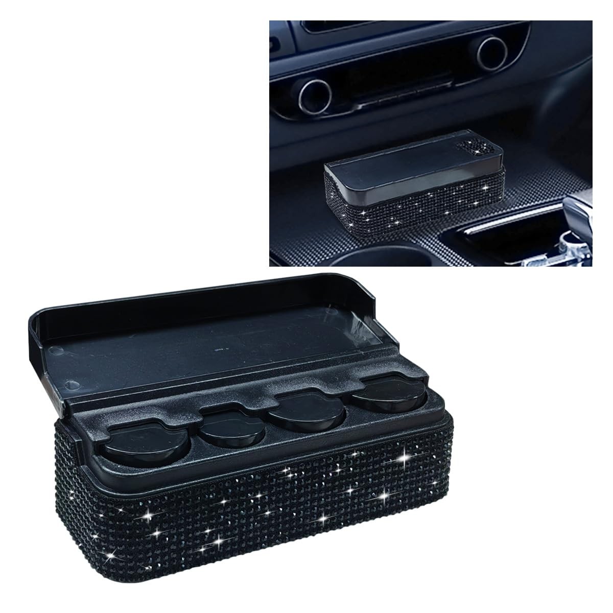 Bling Coin Holder Car Crystal Rhinestone Storage Box 4 Compartment Black