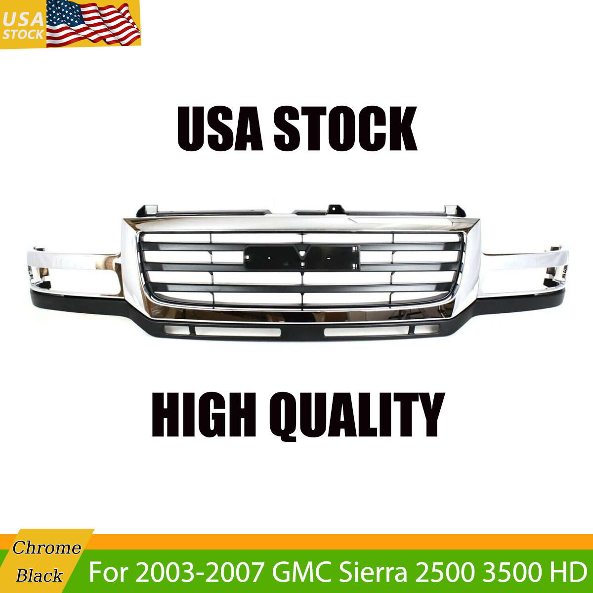 Front Bumper Grille Black w/ Chrome Trim For GMC Sierra 2500 3500 HD 2003-2007
