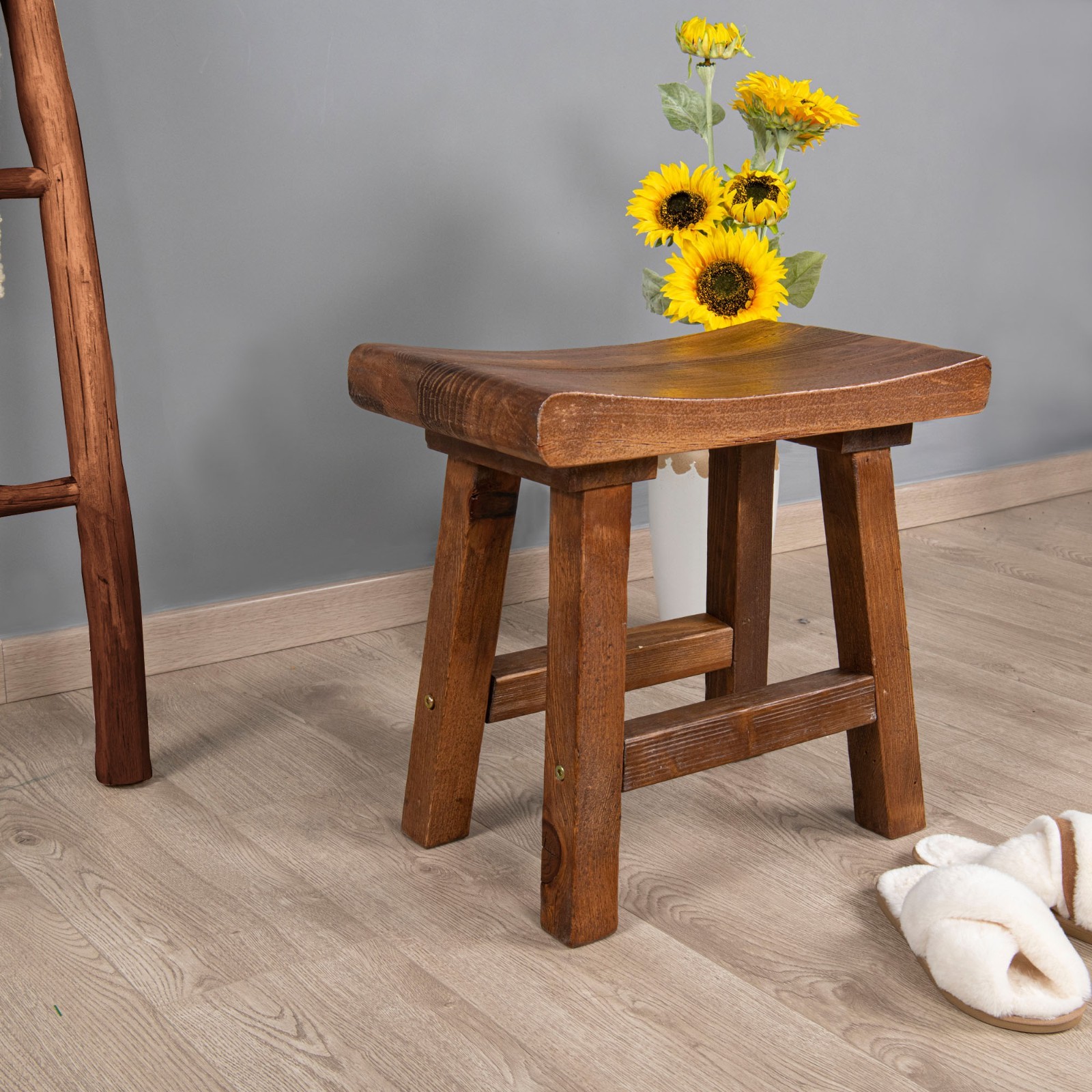 Rustic Old Pine Wooden Stool Bench Side Table Farmhouse Bedside Table 18.5" H