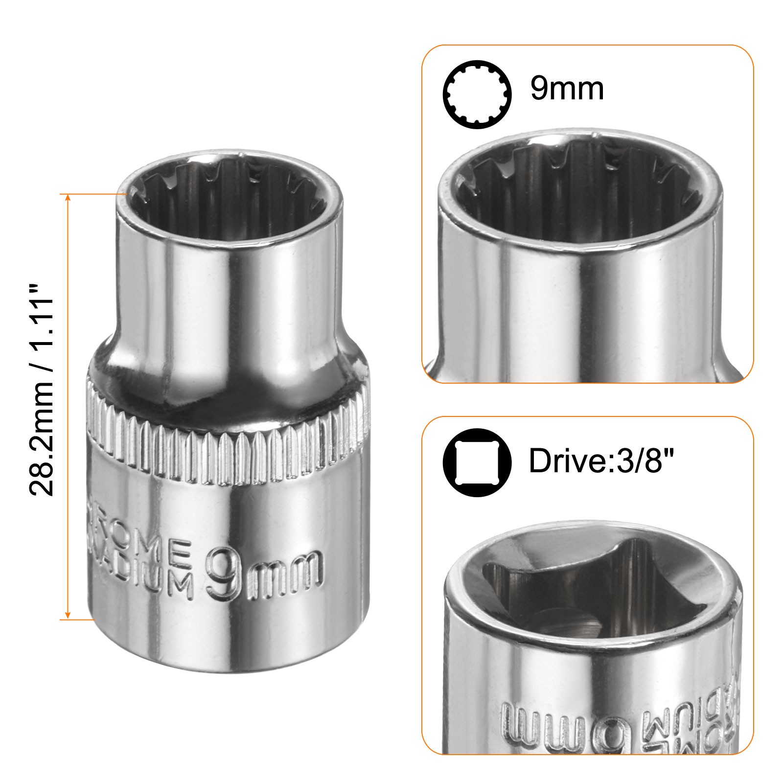 2pcs 12 Points Socket 3/8" Drive 9mm Metric Shallow Impact Socket