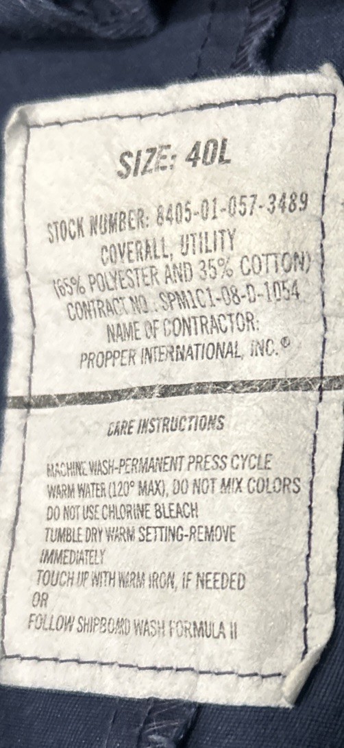 US Navy Coverall Size 40L Utility Polyester/Cotton USN