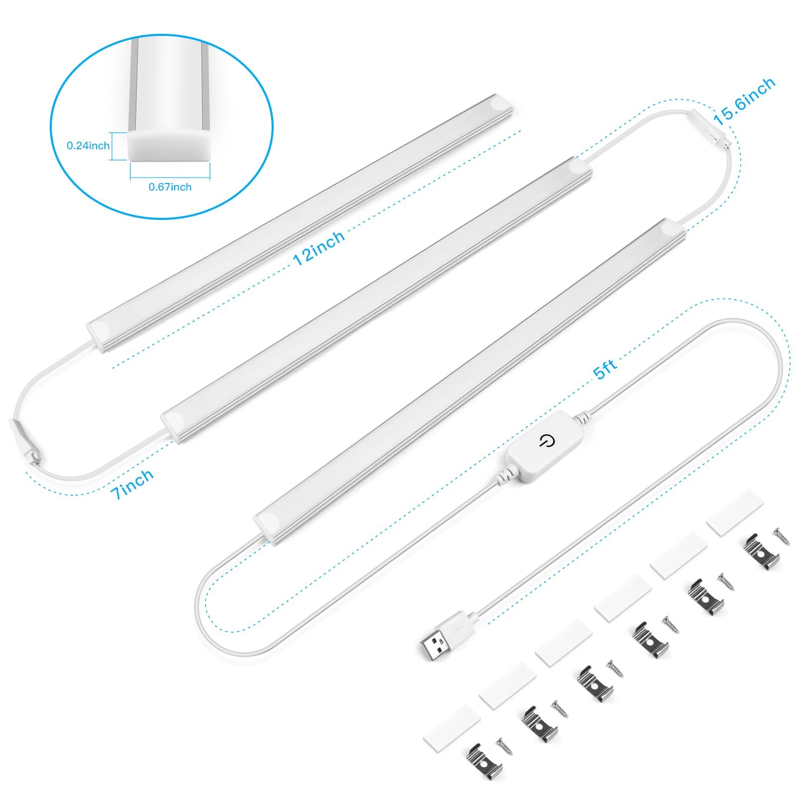 Under Cabinet Lights 3 Piece 12 Inch Dimmable USB Powered Linkable Cool White