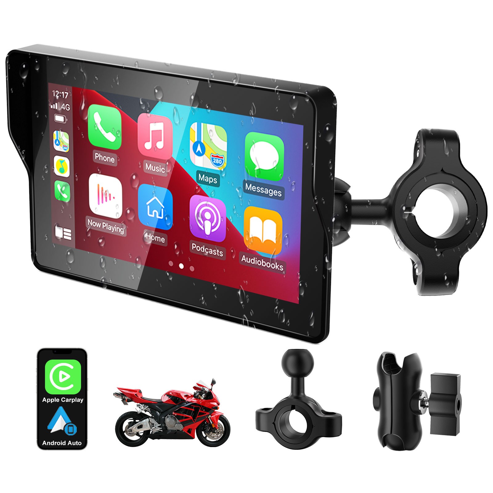 5 inch Wireless CarPlay Android Auto Motorcycle GPS Navigation Dual Bluetooth