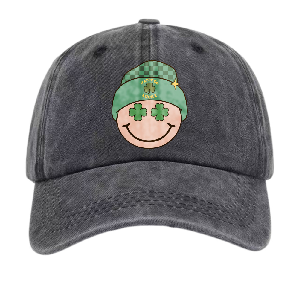 Lucky Shamrock Smiley Happy Go Lucky Print Washed Dad Hat Unisex Cap