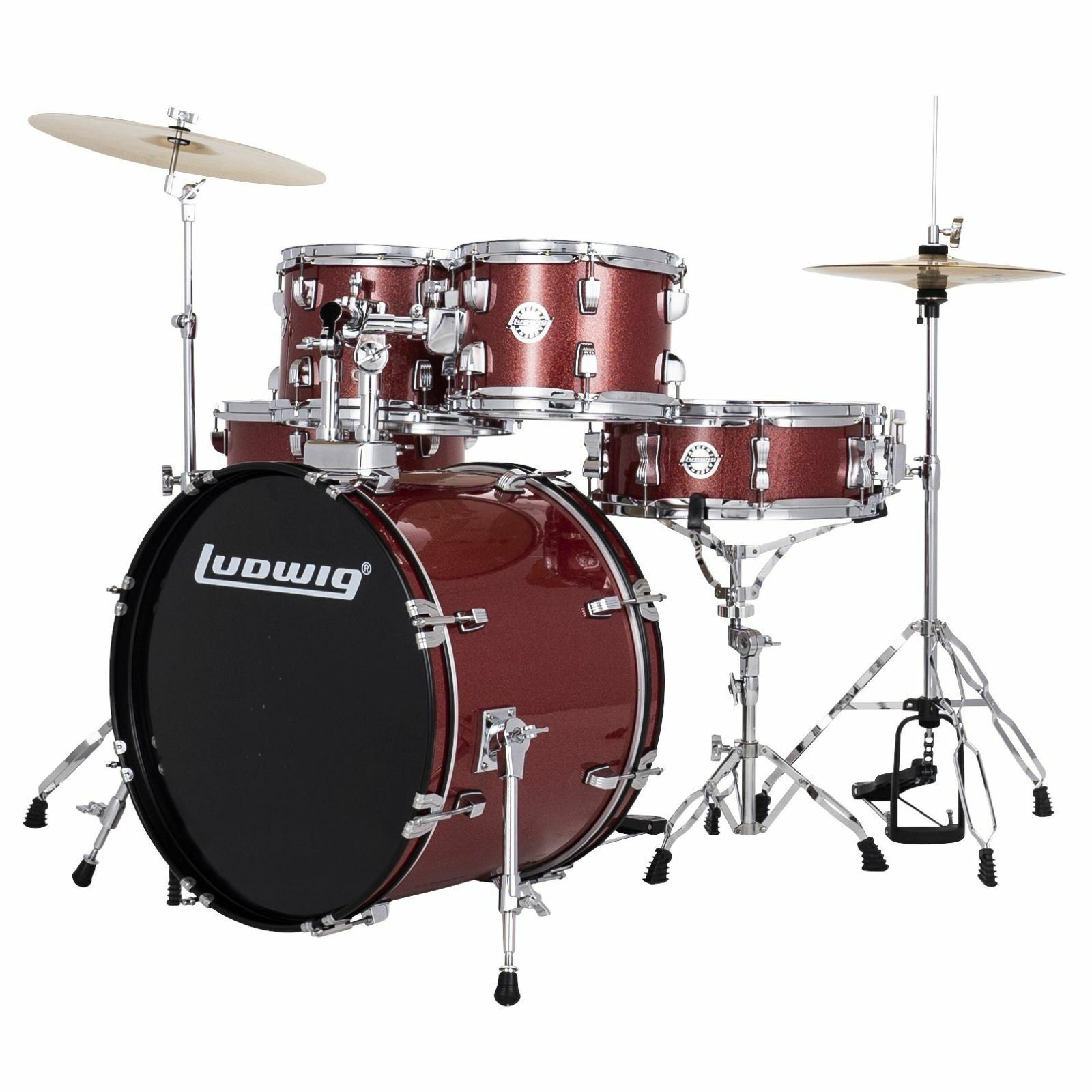Ludwig LC190 Accent Fuse 5-Piece Complete Drum Set w/Cymbals & More, Red Sparkle