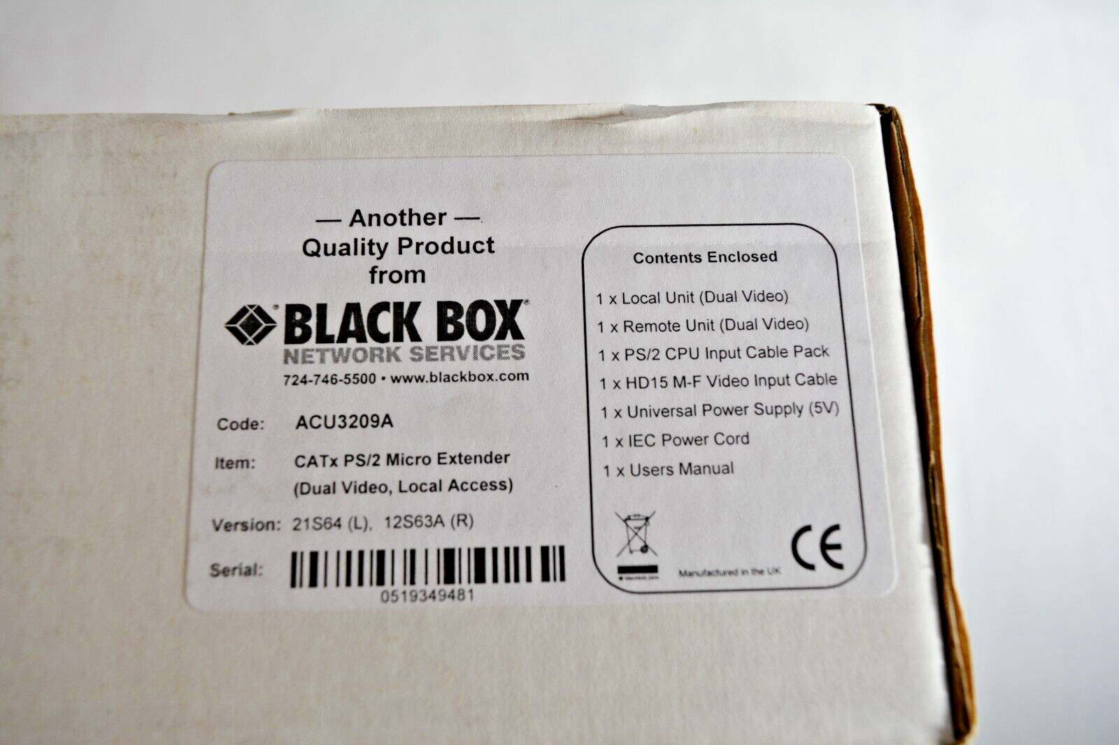 BLACK BOX SERVSWITCH CATX USB MICRO PS/2 EXTENDER ACU3209A LOCAL & REMOTE