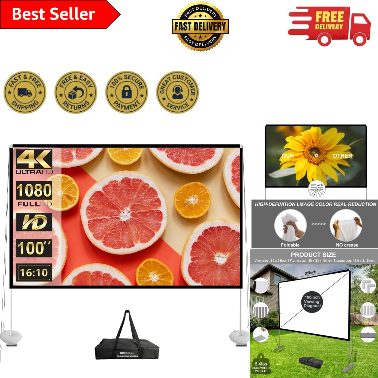 100-Inch 4K HD Outdoor Projector Screen – Easy Setup for Backyard Movie Magic
