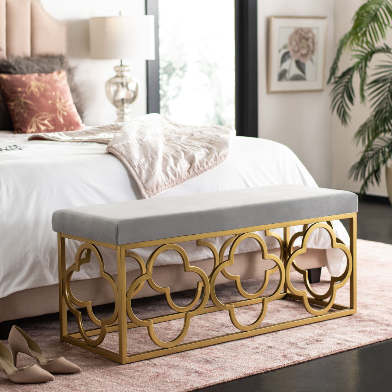 SAFAVIEH Fleur Rectangle Bench | Grey / Gold |