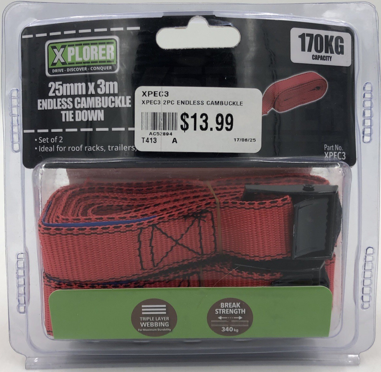 XPLORER 2 Piece Endless Cambuckle Tie Down 25mm x 3m 170kg Capacity