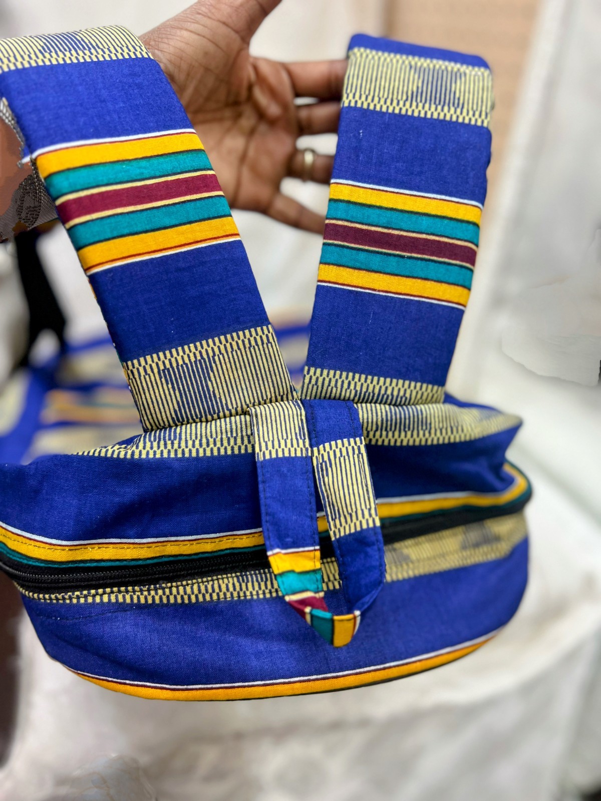 Padded Blue Kente Backpack with multi pockets, inside lining & Padded Straps