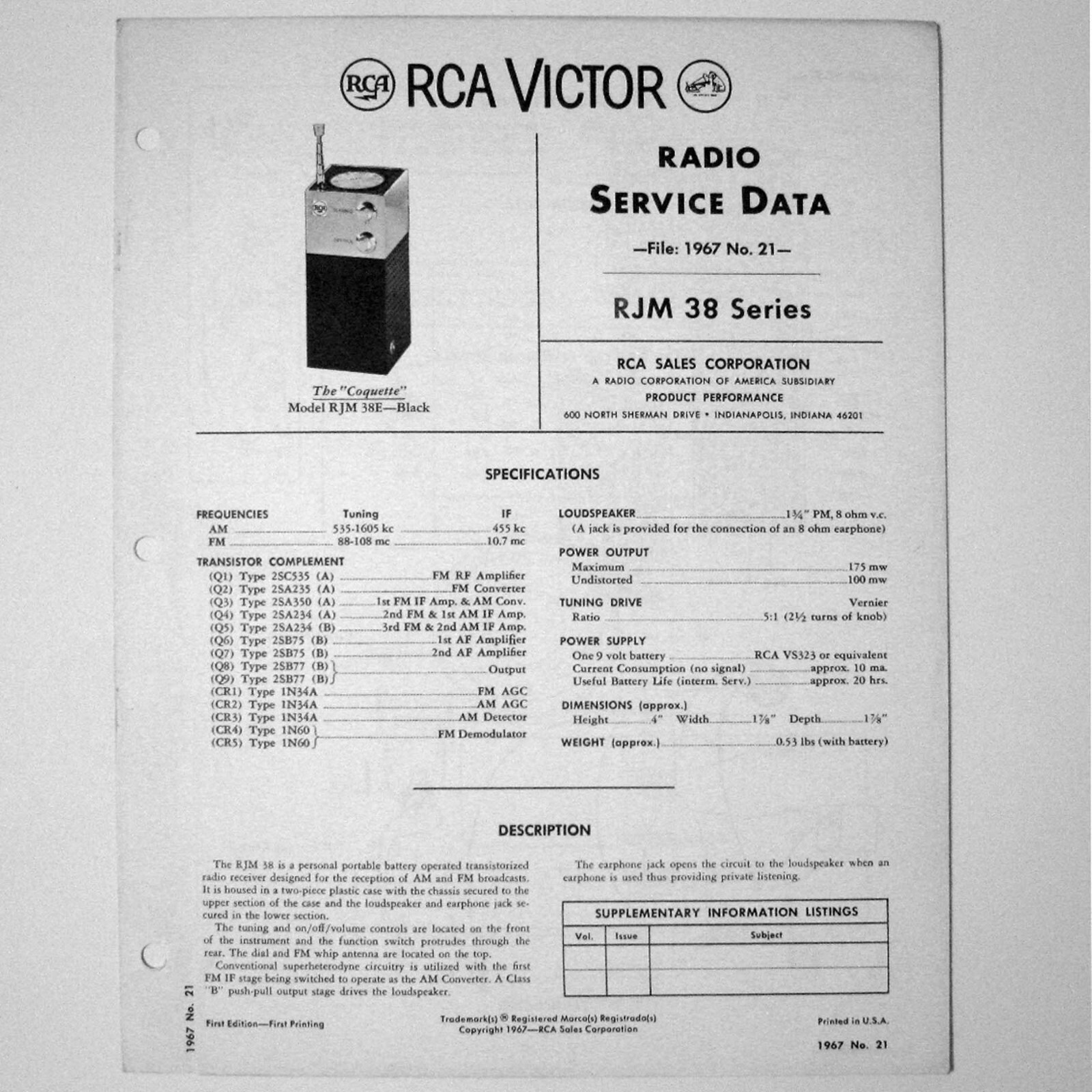 RCA ® Model RJM 38 Series Portable Transistor Radio Service Manual © 1967