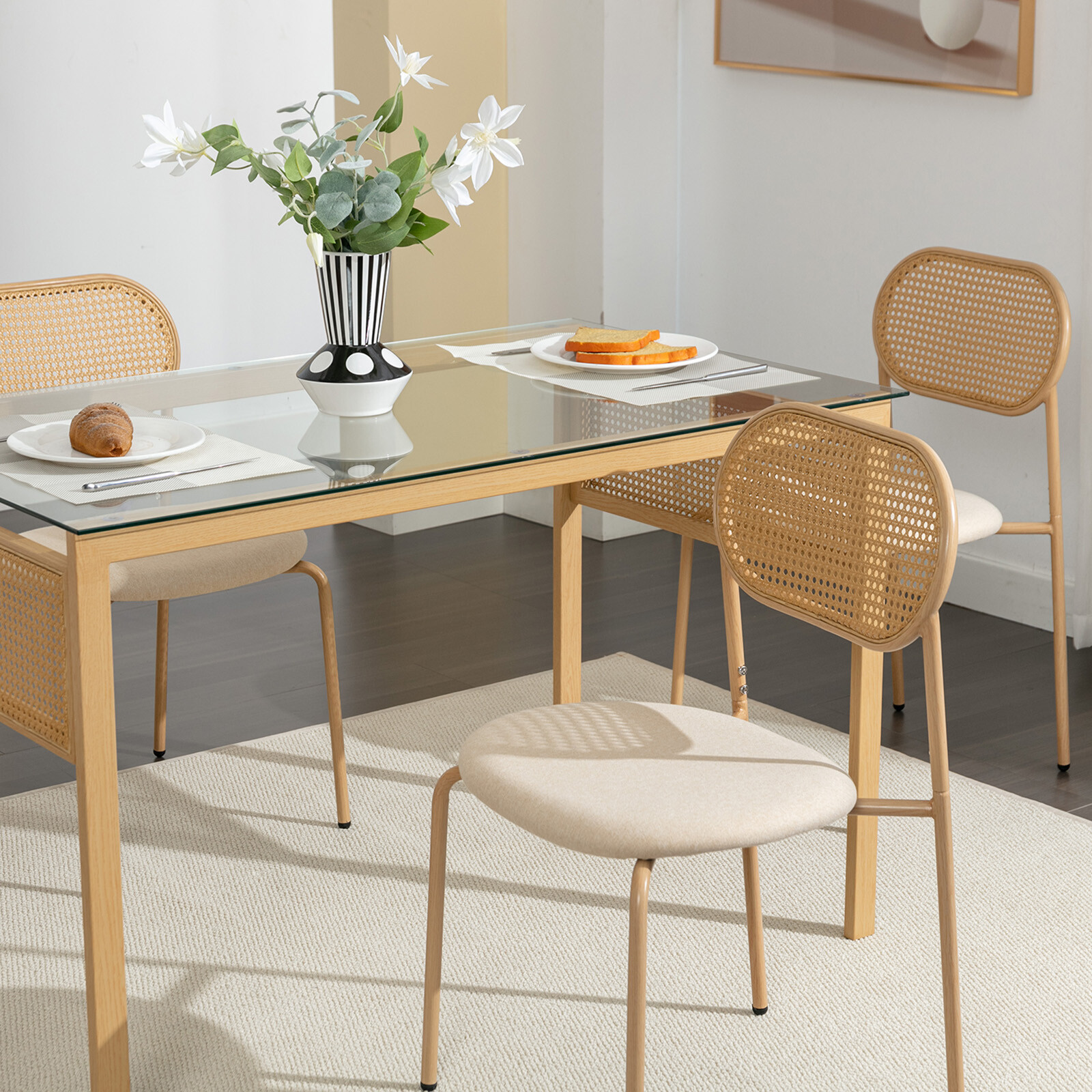 Boho Set of 4 Dining Chairs Upholstered w/Rattan Back,Metal Leg Kitchen Living