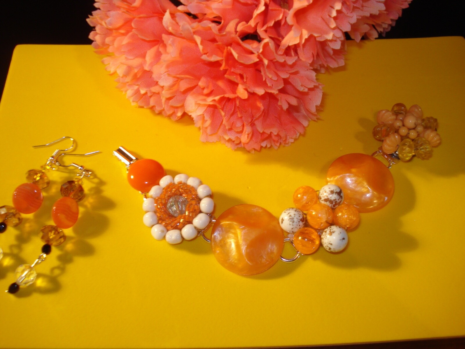 Vintage Upcycled  Orange Cluster Bead Clip Earrings Bracelet and P. Earrings Set
