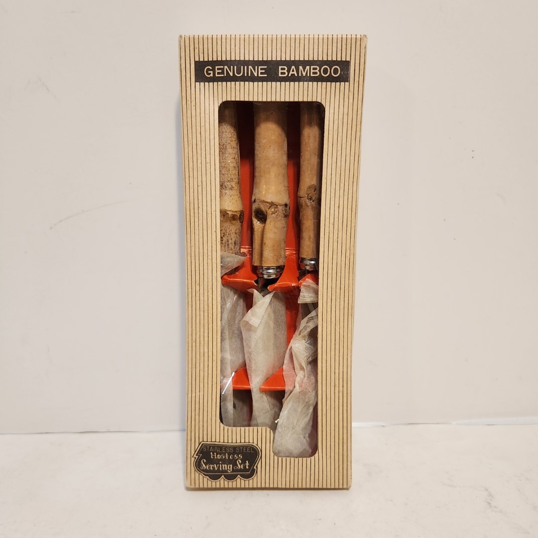 Vtg Bamboo MCM Cocktail Appetizer Knives Serving Set Spreader Japan Stainless