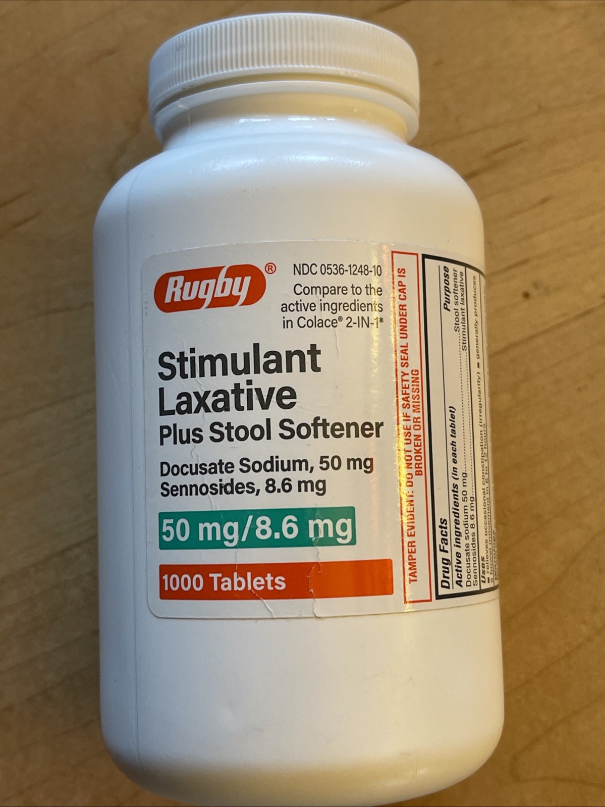 Rugby Stimulant Laxative Plus Stool Softener 1000 Tablets Docusate Sodium New