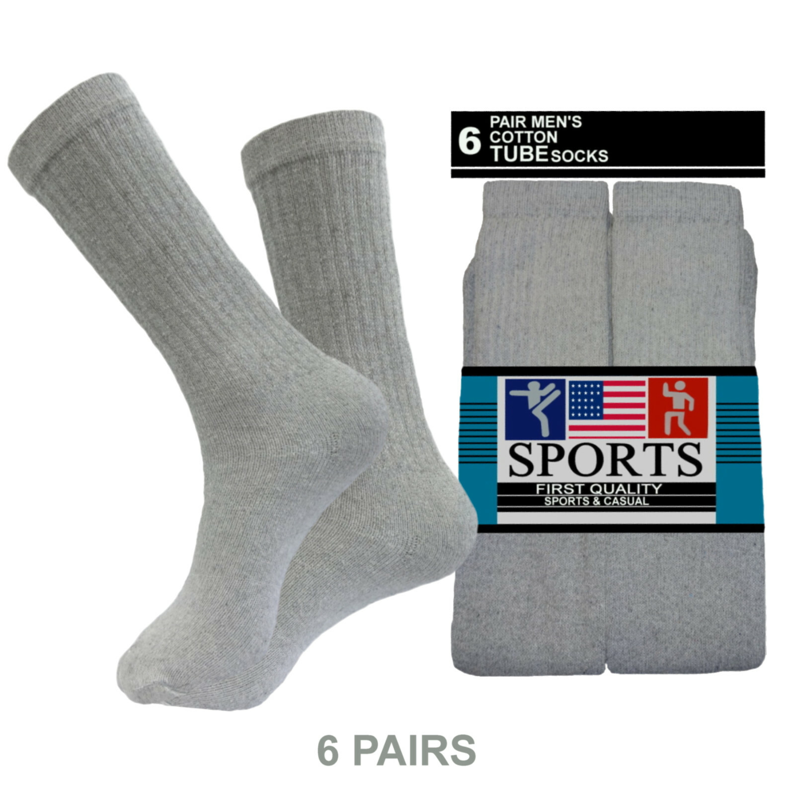 6 PAIRS GRAY TUBE SOCKS COTTON 21 INCHES CREW LONG SPORTS SOCKS 10-13