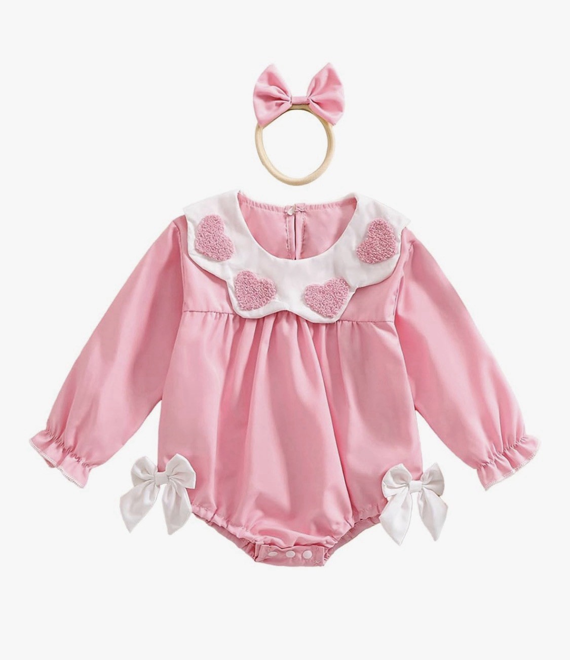 Baby Girl Pink Romper With Hearts And Bows 0-3 Months. W/Head Band Pink Bow