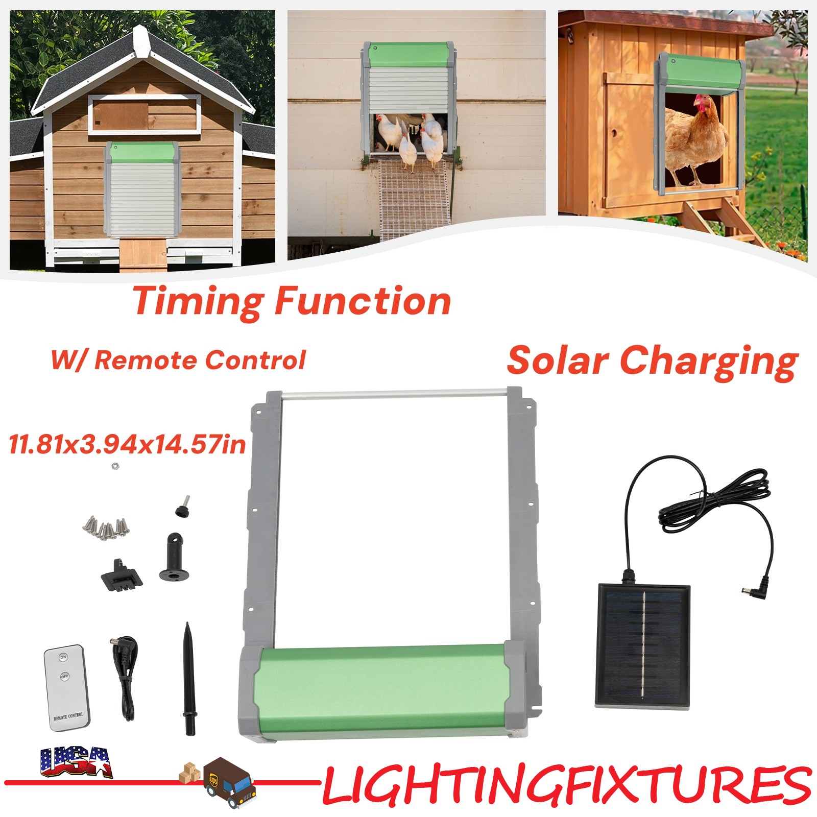 Automatic Chicken Coop Door Solar Powered w/ Light Sensor/ Remote Control/ Timer