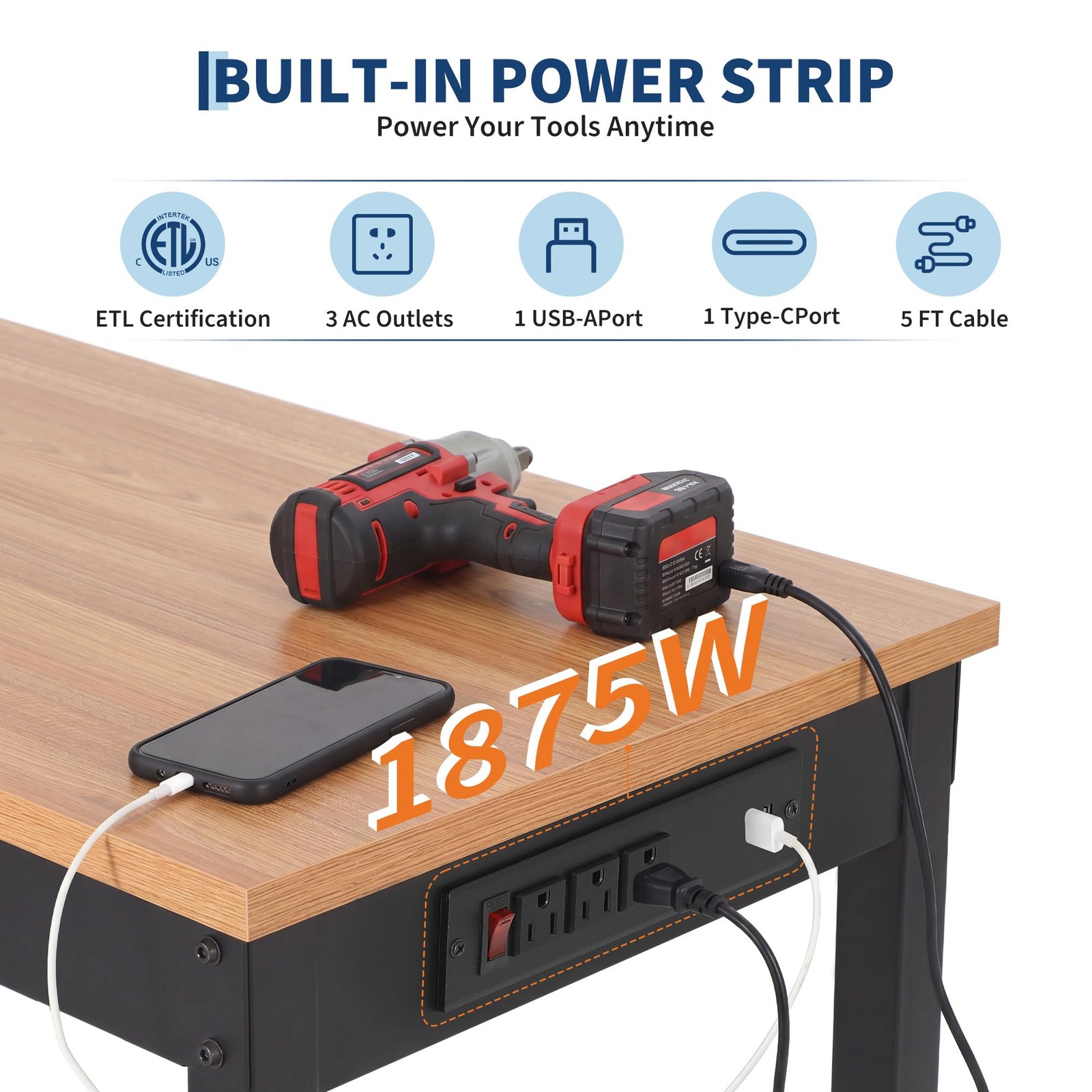 48" Adjustable Workbench 2200LBS Heavy Duty Work Table Garage with Power Outlets