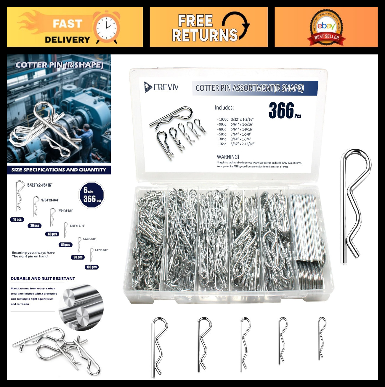 366 Pcs Cotter Pin Assortment Kit - 6 Sizes R Clip Set, Galvanized Steel for Aut