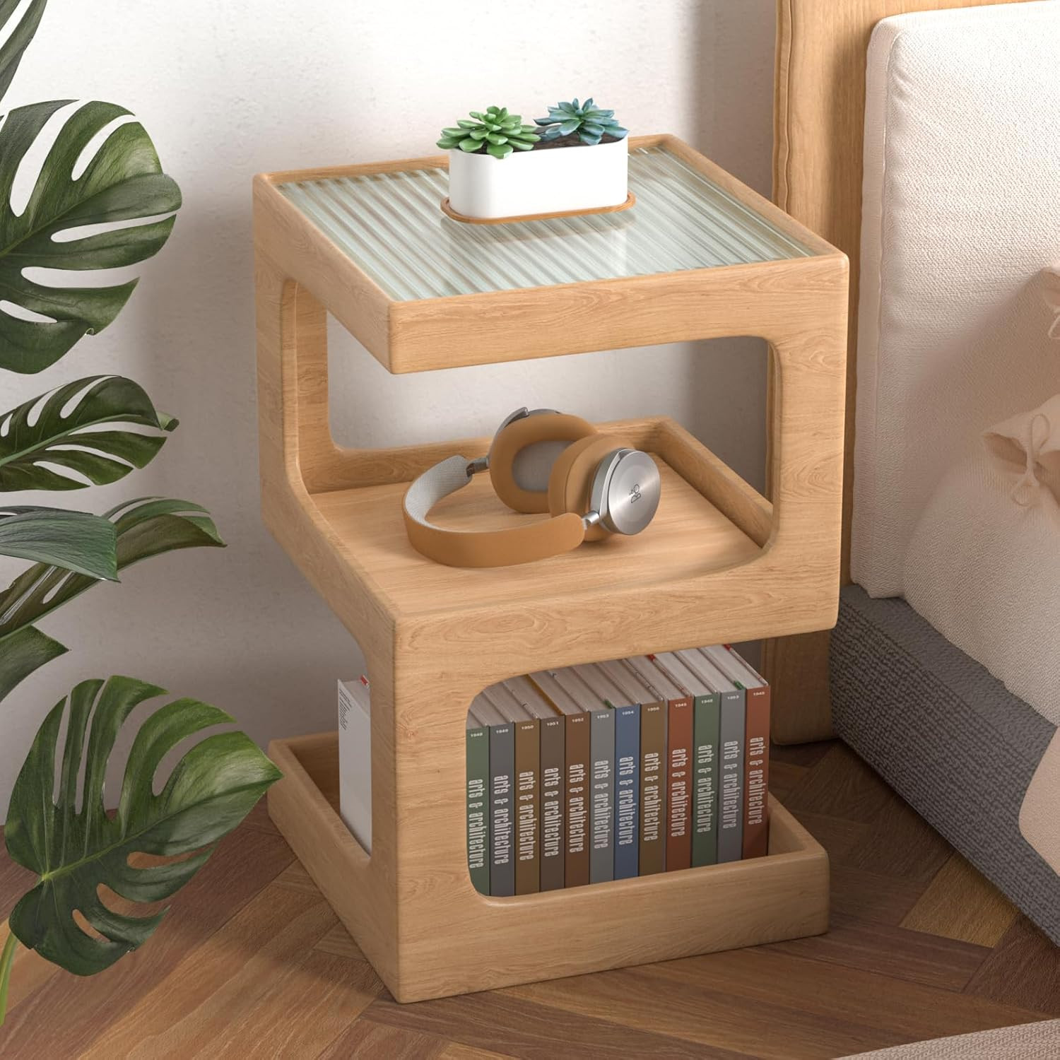 Modern Solid Wood Side Table - No Assembly Required, Log Color Accent Table