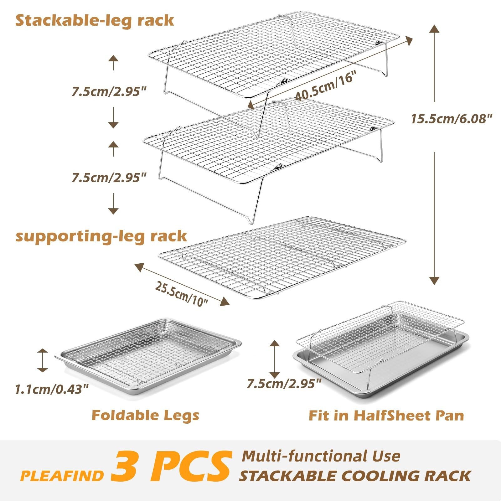 Pleafind 3 PCS Silver Stackable Cooling Rack -16 x 10 Inch Wire Rack, Heavy D...