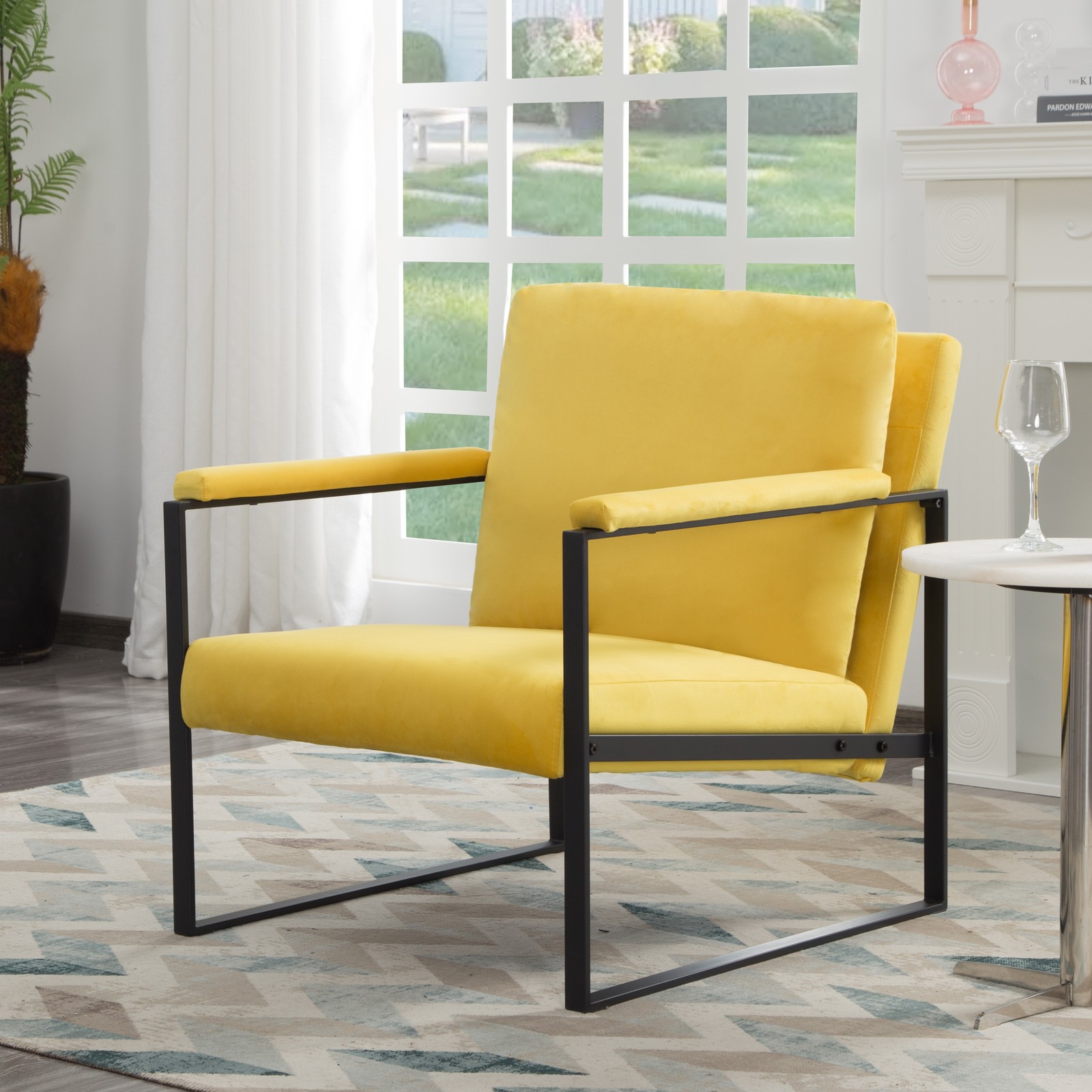 26.8" Metal Frame Accent Armchair Linen/Velvet Upholstery Removable Back Cushion