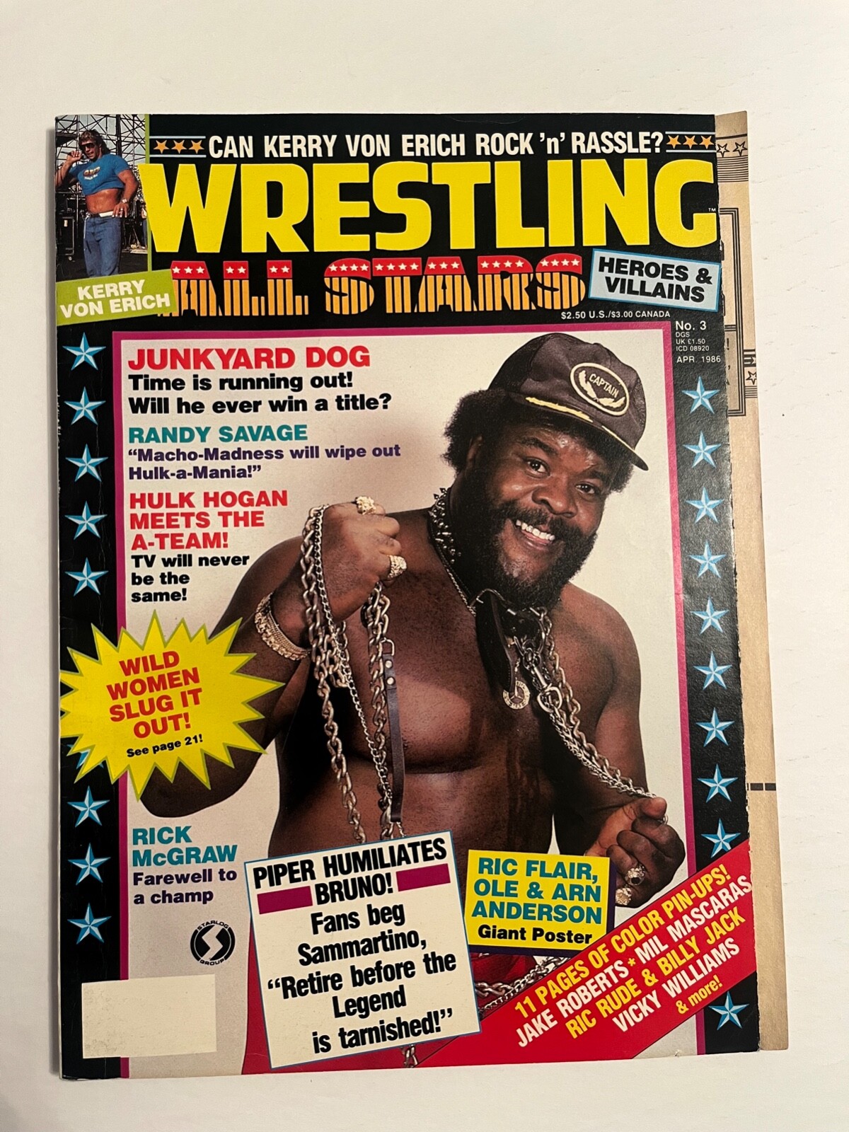 Wrestling All-Stars Magazine, April 1986, Junkyard Dog, Flair Ole & Arn-Pinup