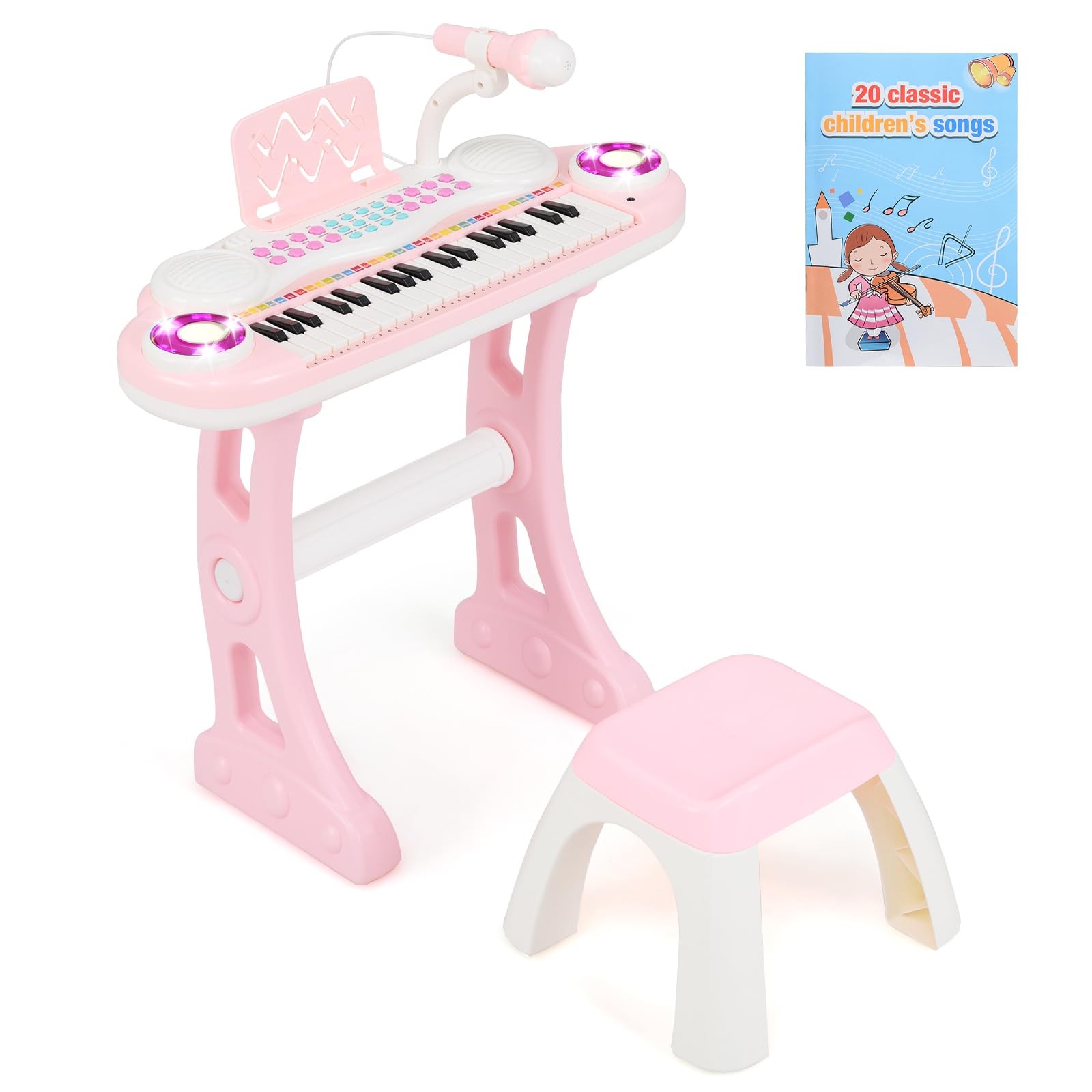 Honey Joy Pink Kids Piano 37-Key Kids Keyboard Piano W/ Book Music Microphone