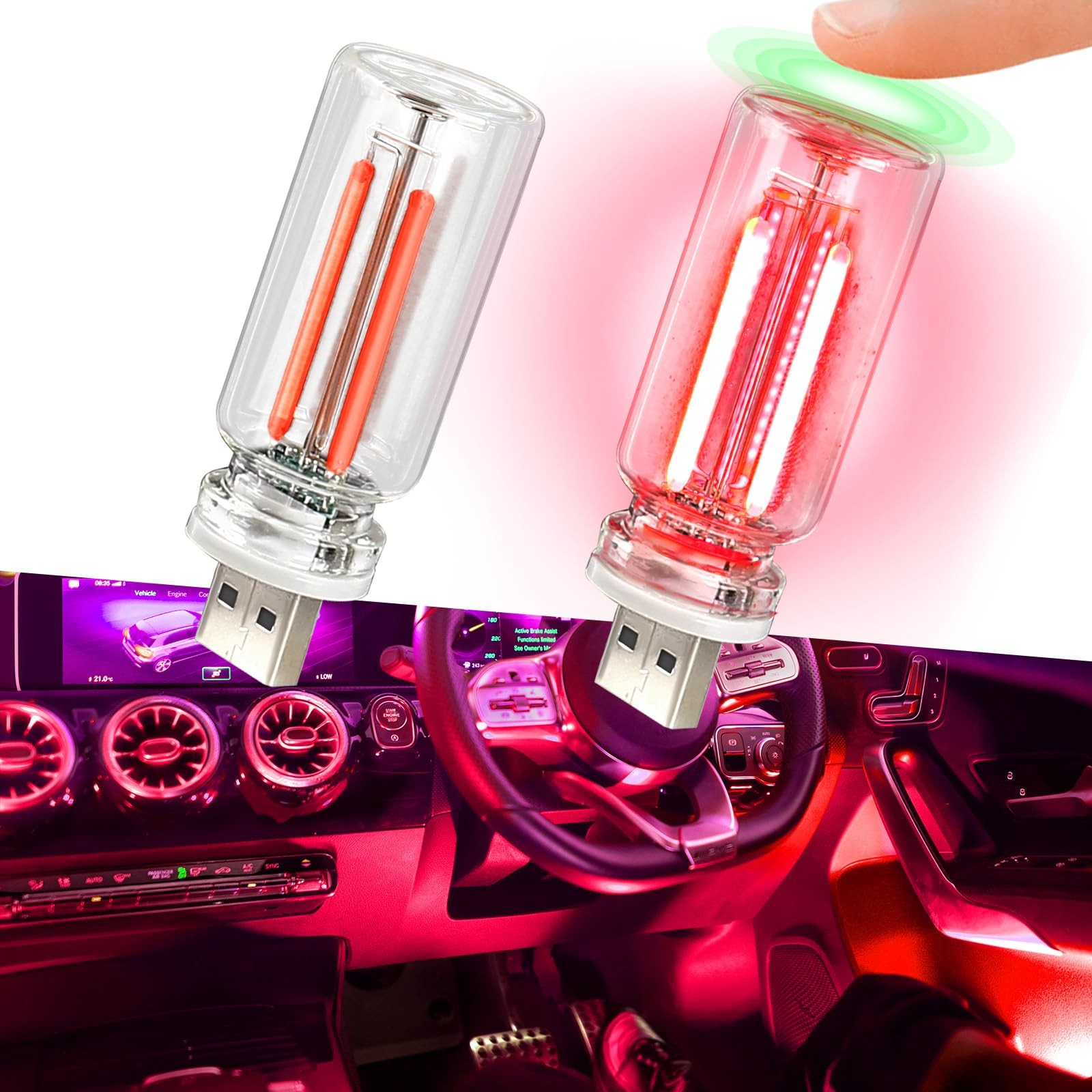 2Pcs USB LED Lights for Car, Touch Dimmable LED Interior Car Lights, USB Port