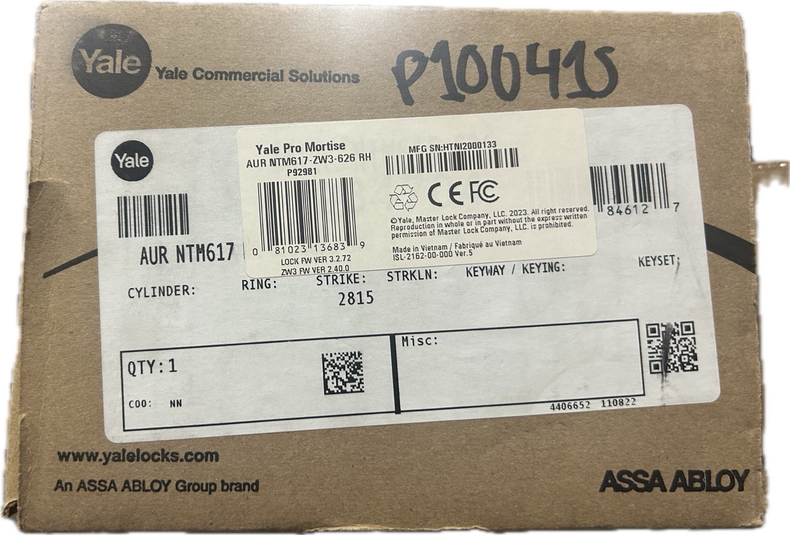 Yale commercial Lock Part Number NTM617-ZW3-626 Brand New In Box