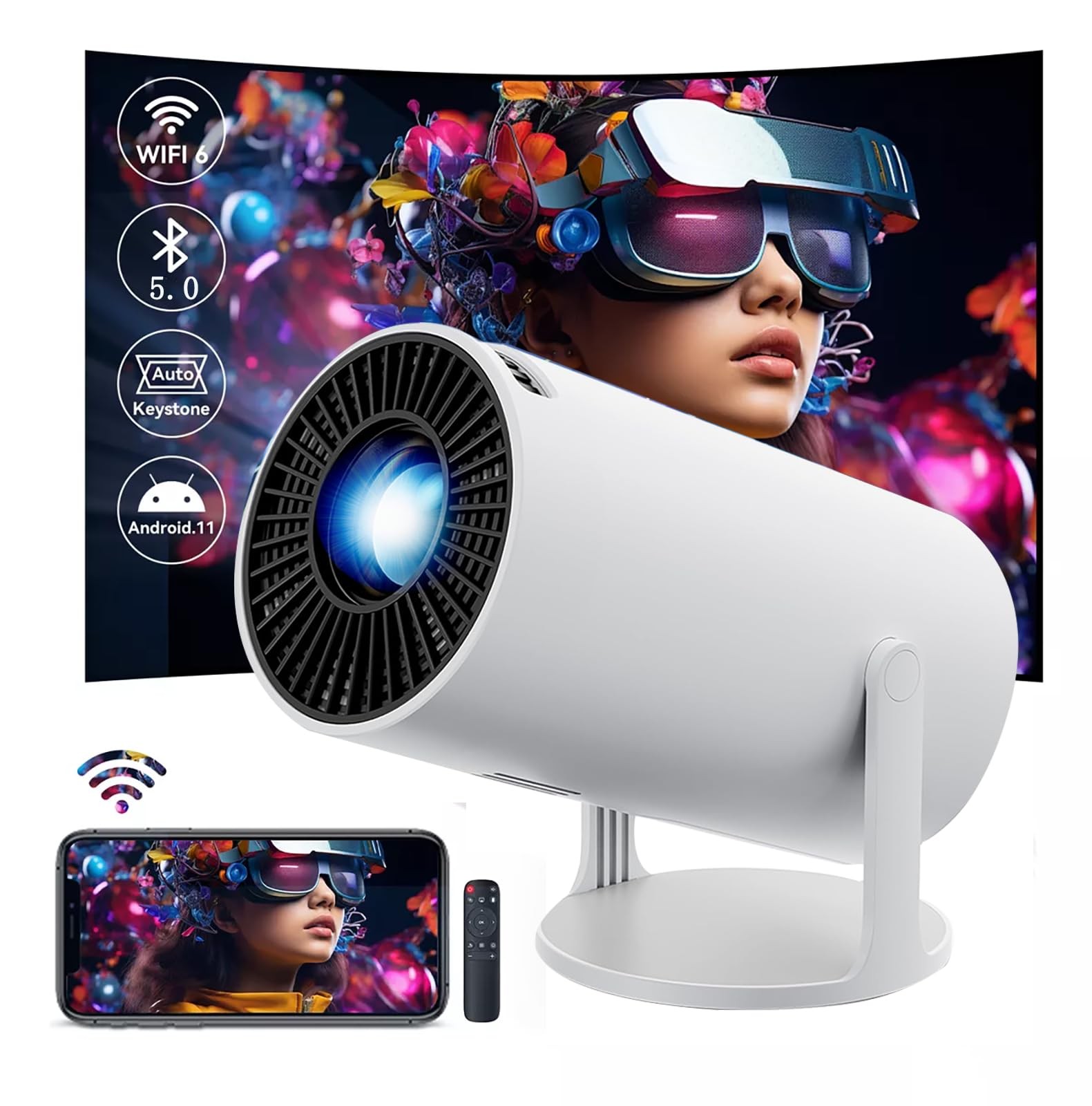 HY300 Projector with WIFI6 and Bluetooth 4K 1080P Support with Android TV 11....