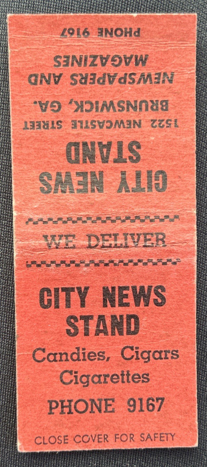 Vintage CITY NEWS STAND Matchbook Cover, 1522 Newcastle St., Brunswick, Georgia