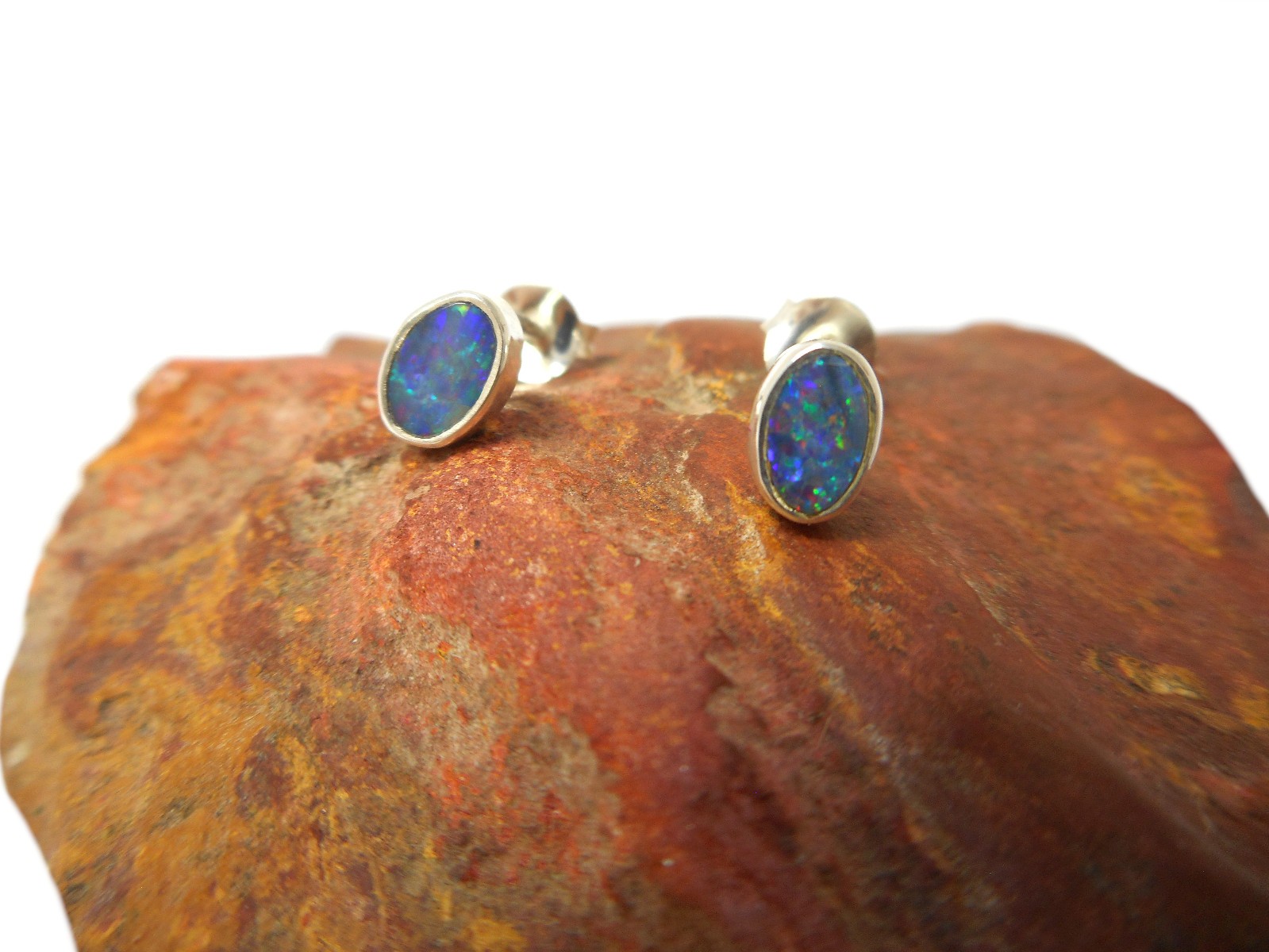 Natural Small Australian Opal Stud Earrings - Sterling Silver Gemstone