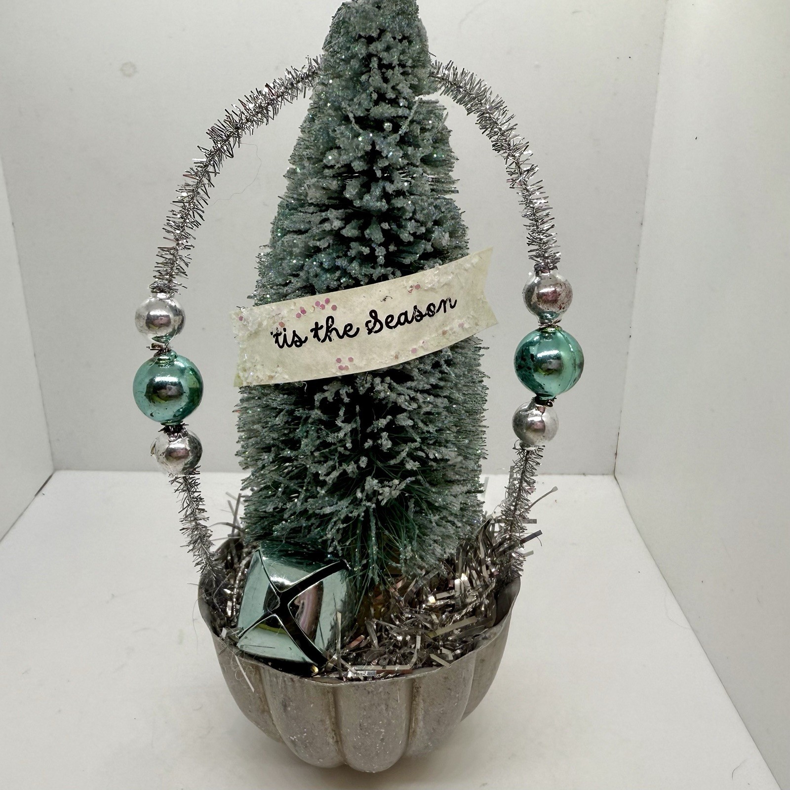 Vintage Christmas Arrangement Decoration Mercury Glass Style Bottlebrush Tree