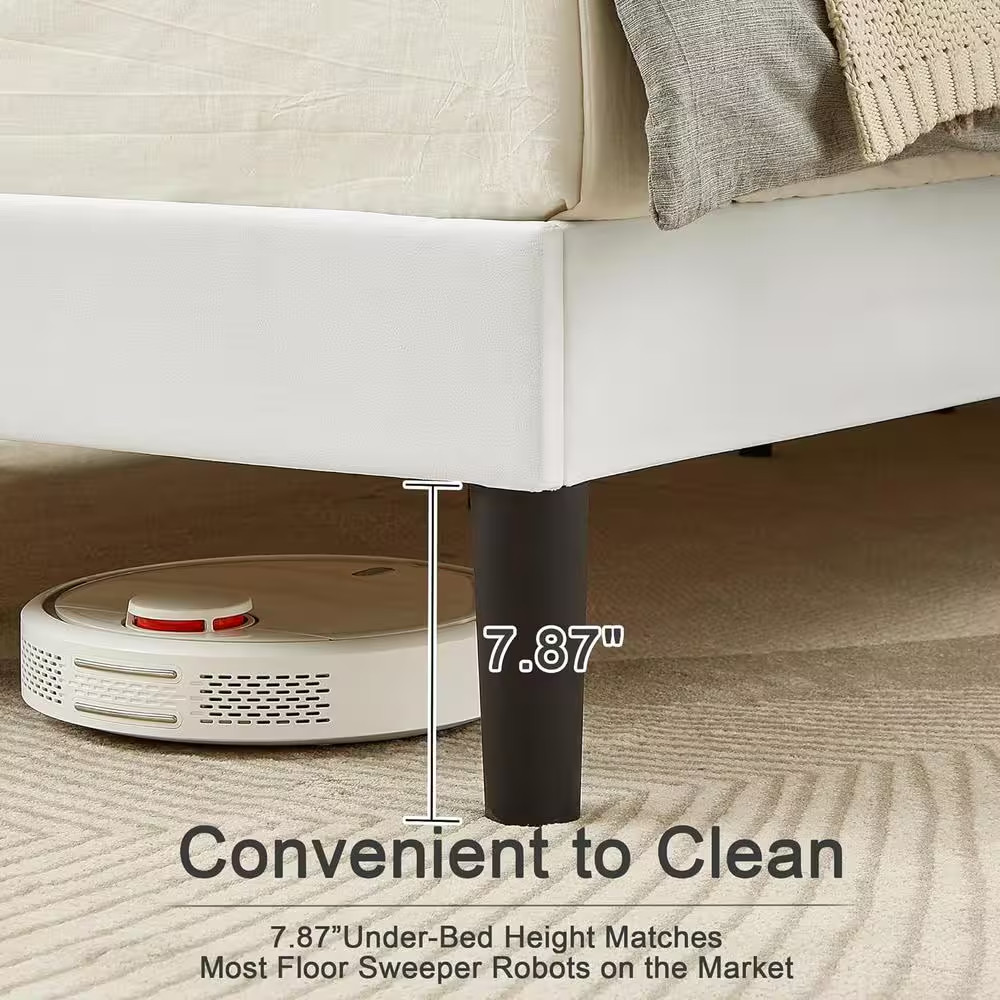 Upholstered Bed, White Queen Bed Platform Bed Frame with Adjustable Headboard, S