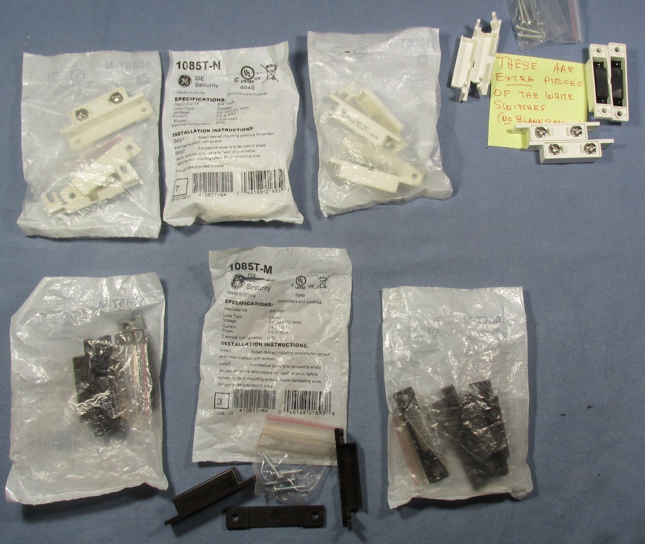 LOT of 6 GE Magnetic Contact SECURITY SWITCHES 3 White 1085T-N + 3 Brown 1085T-M