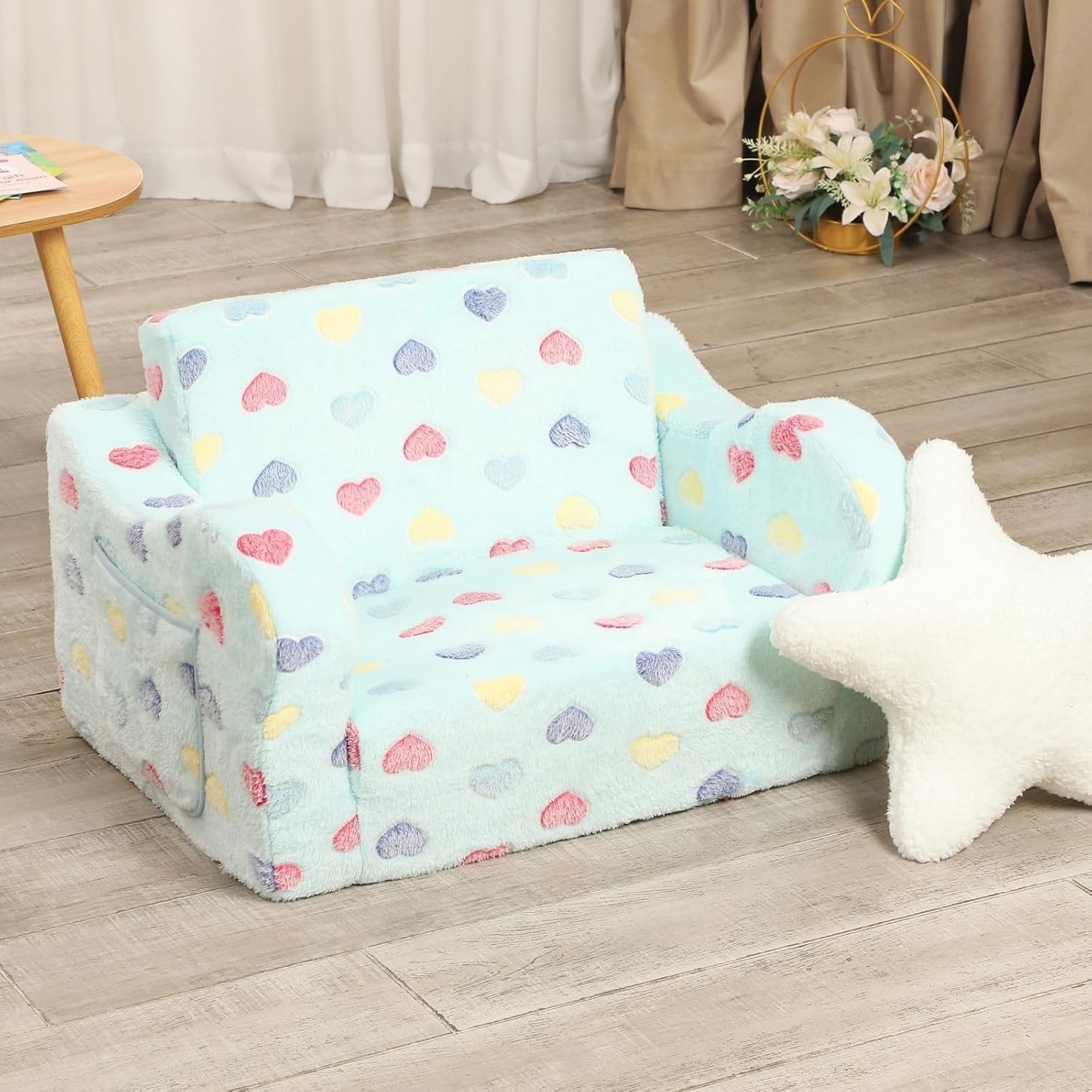 Kids-Friendly 2-in-1 Couch and Lounger - Colorful Heart Design for Toddlers