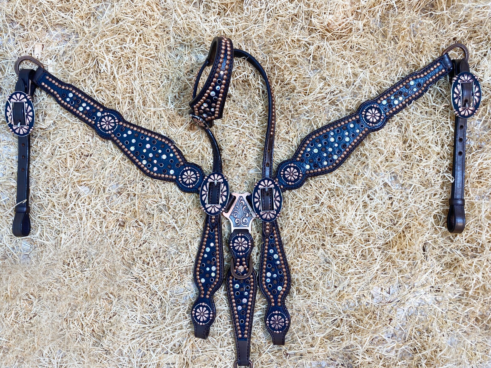 Leather Horse Headstall Set with Black Rhinestone Along with Copper Studs MOUSM