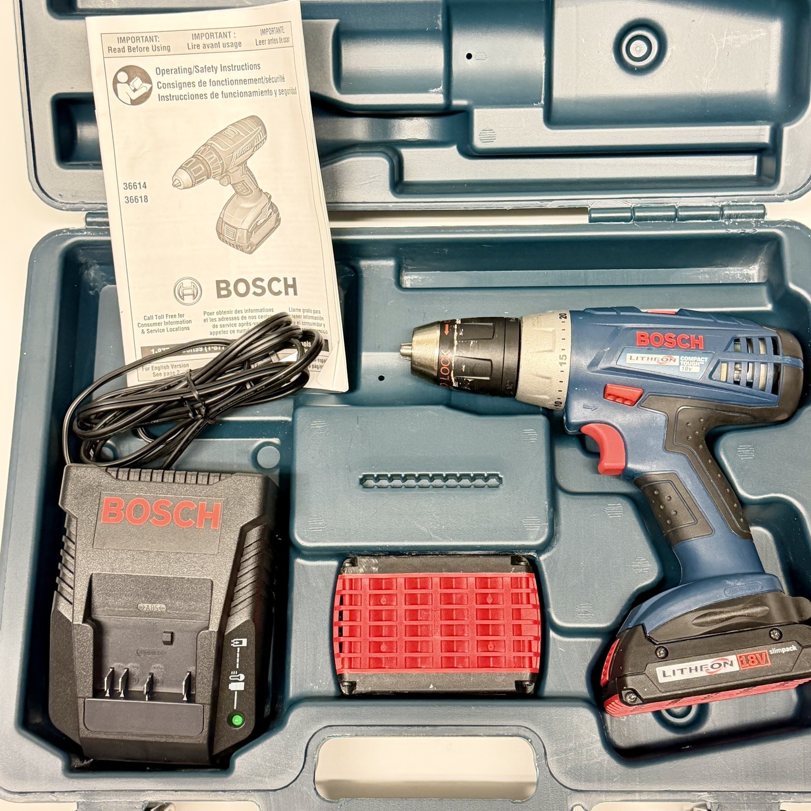 BOSCH 18V Cordless Drill Driver Kit 2 Batteries Charger Case - Model 36618