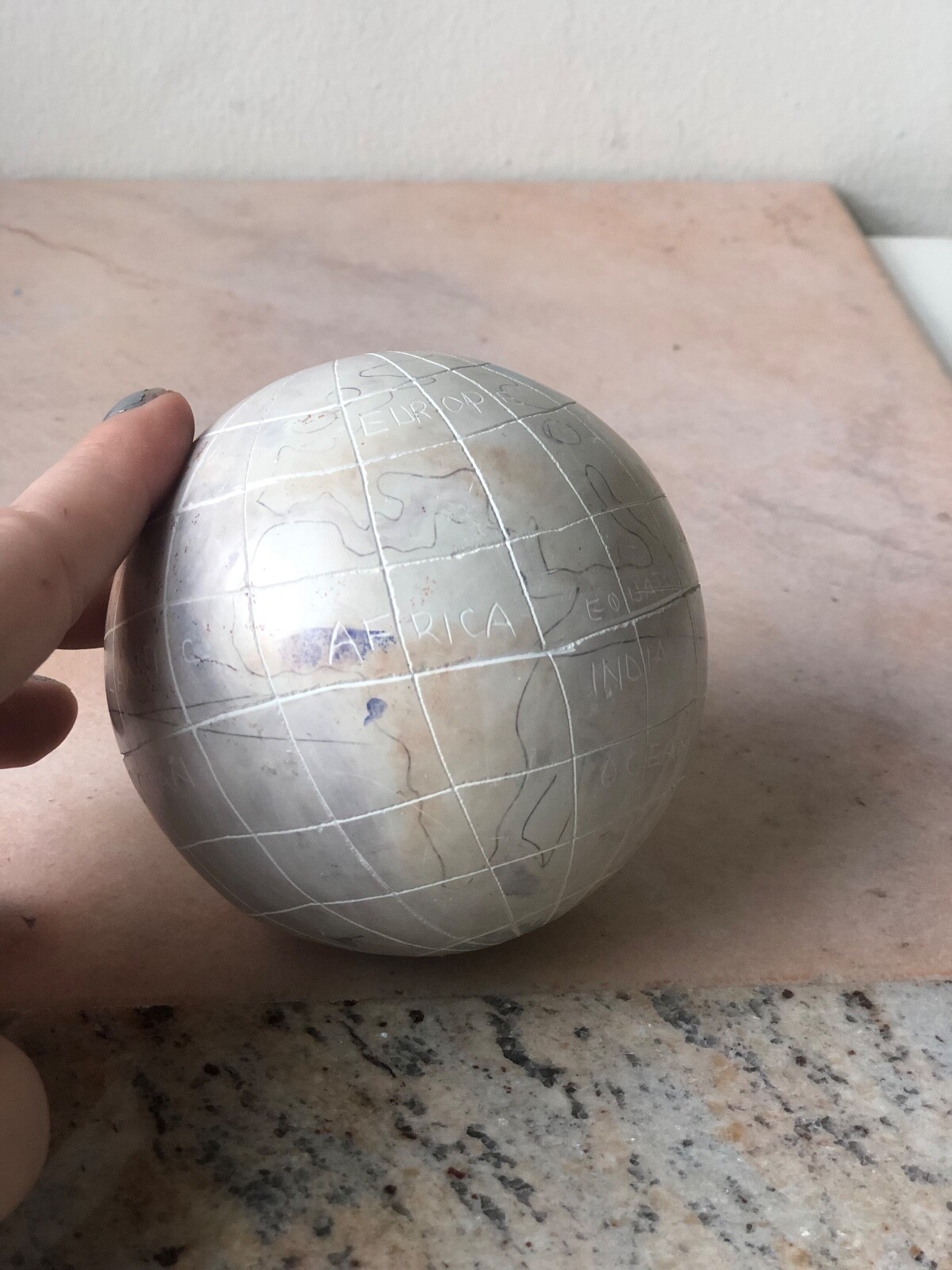 Unique Vintage Carved and Handpainted Stone Globe / World Map