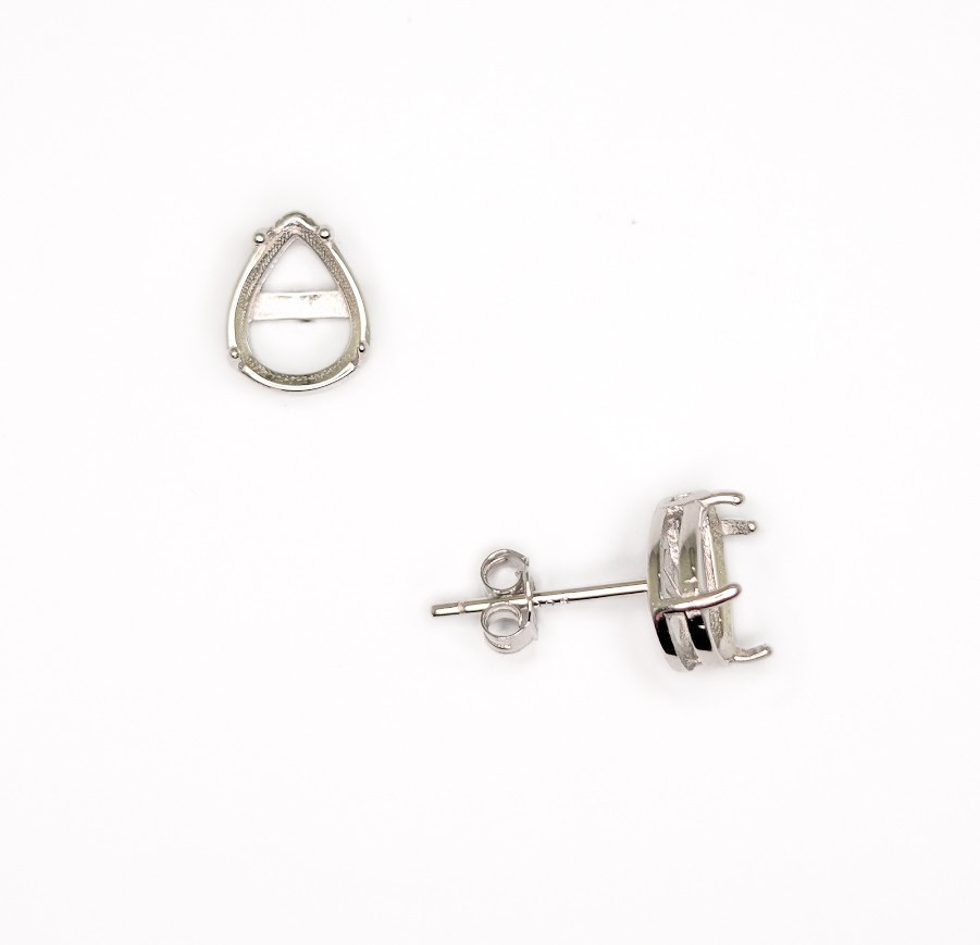 8 x 6 mm Pear Shape Frame Earring Settings Sterling Silver with Rhodium Finish
