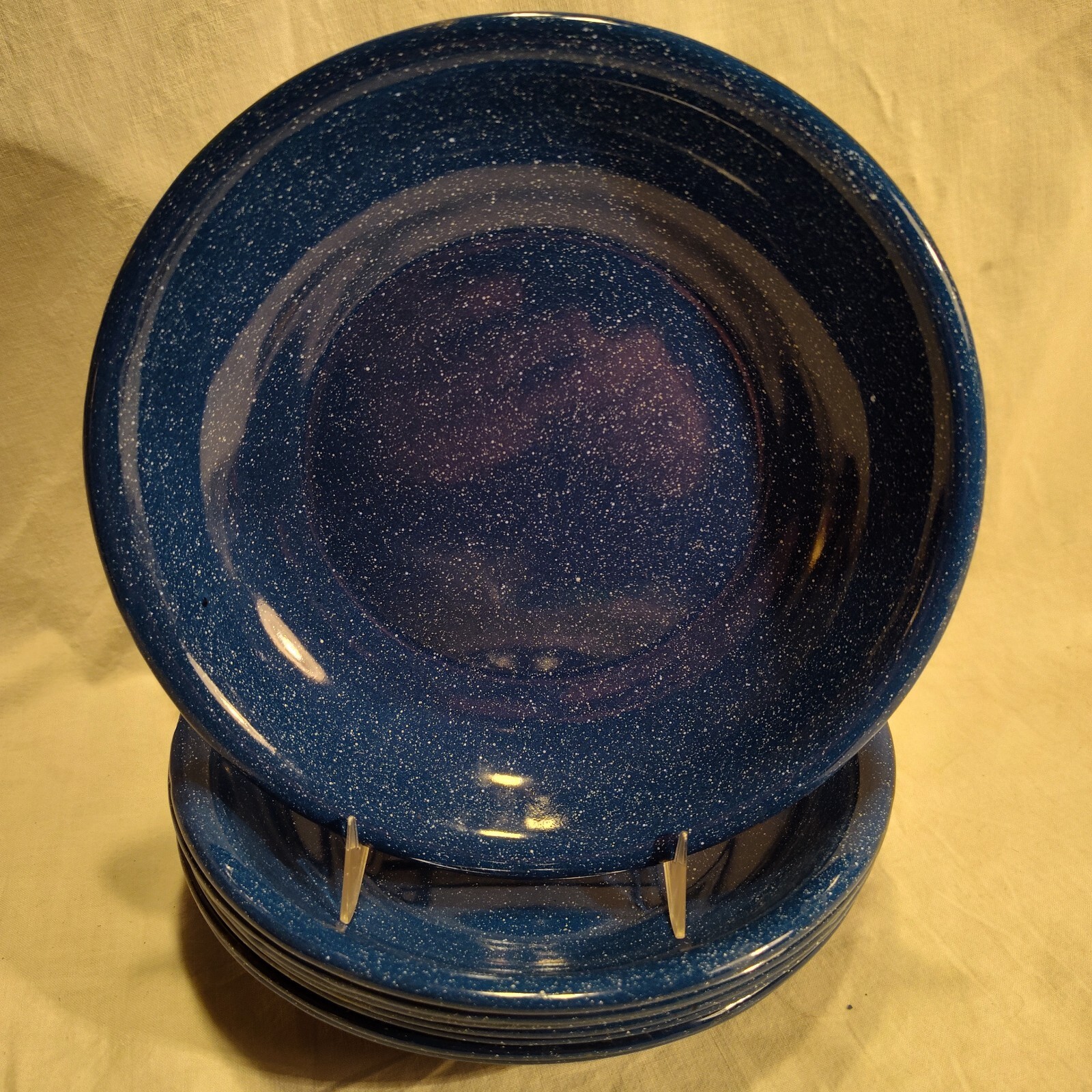 Vintage Enamelware Bowls Blue Speckled Camping Set Of 8
