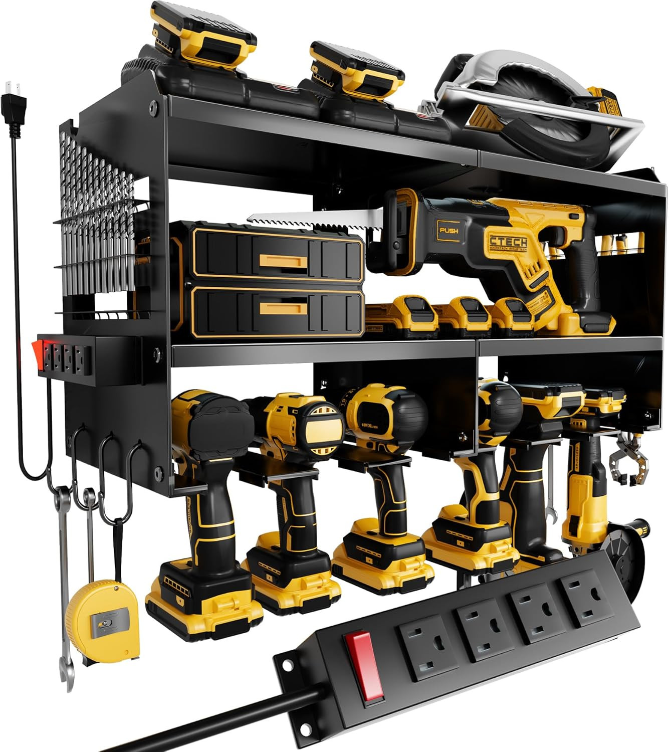 Power Tool Organizer Wall Mount with Charging Station, 3 Layer Heavy Duty Metal