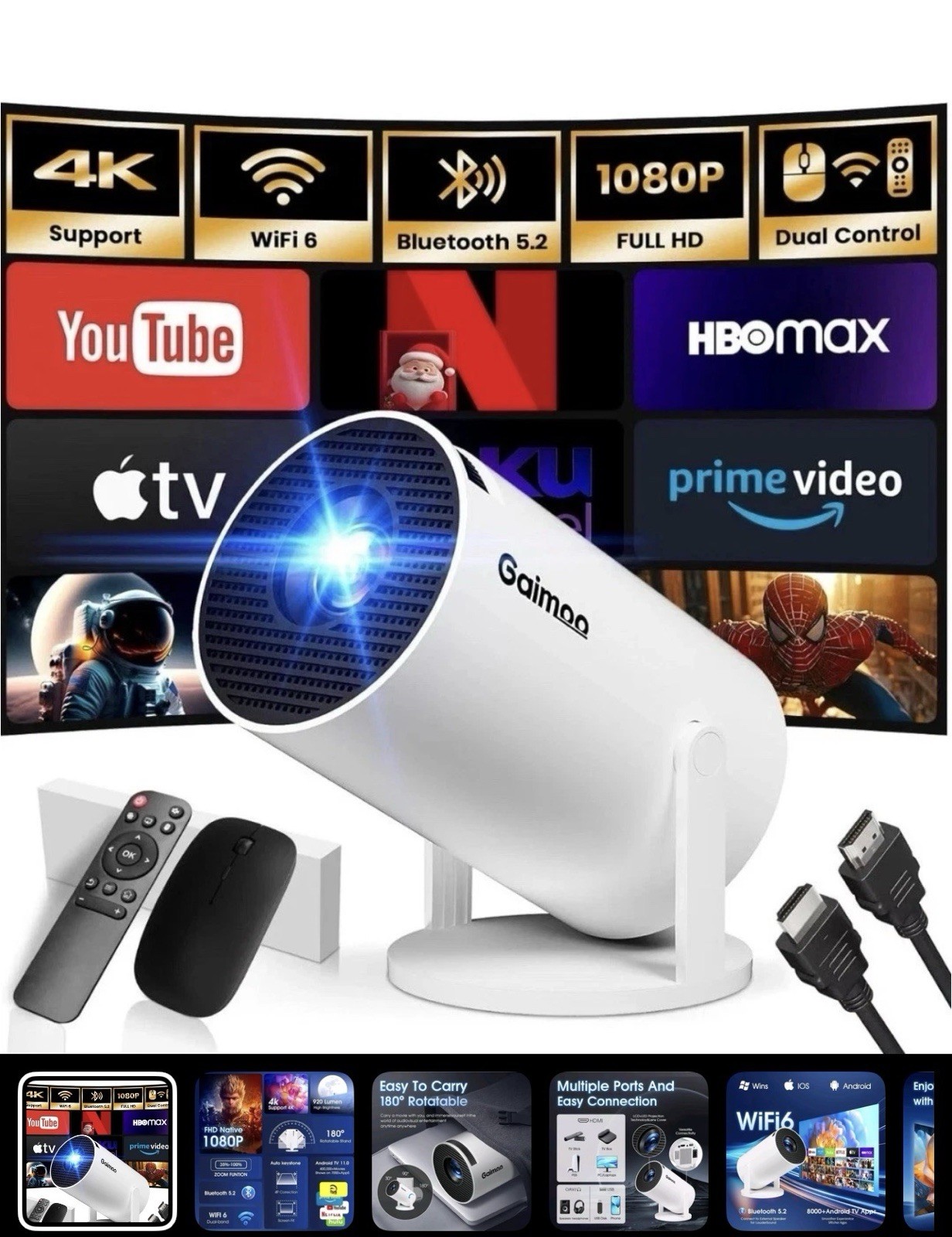 Gaimoo 1080P FHD 4KHome Theater Projector WiFi Bluetooth w/ Mouse, Remote Bundle