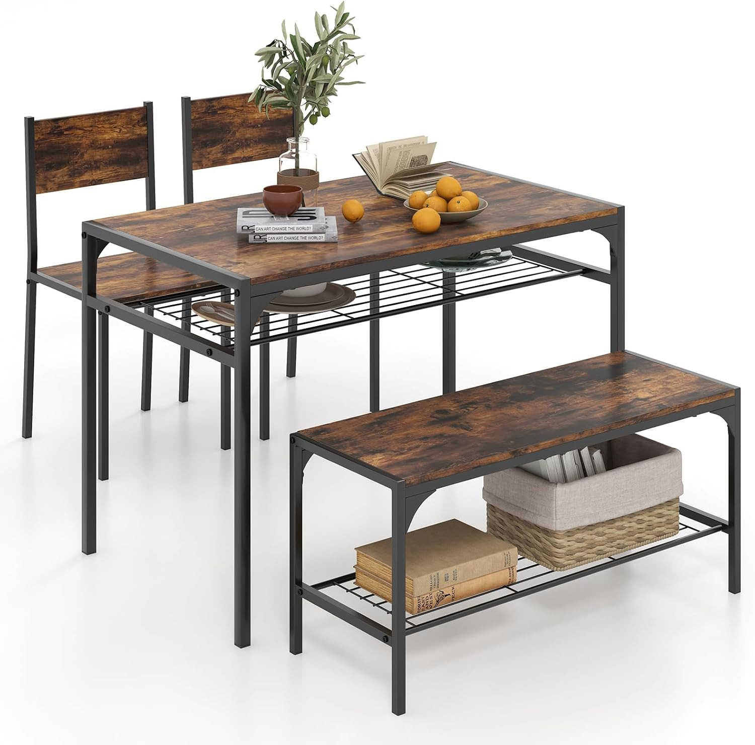 Dining Table Set for 4, Kitchen Table with Chairs & Bench, Storage Racks, Metal